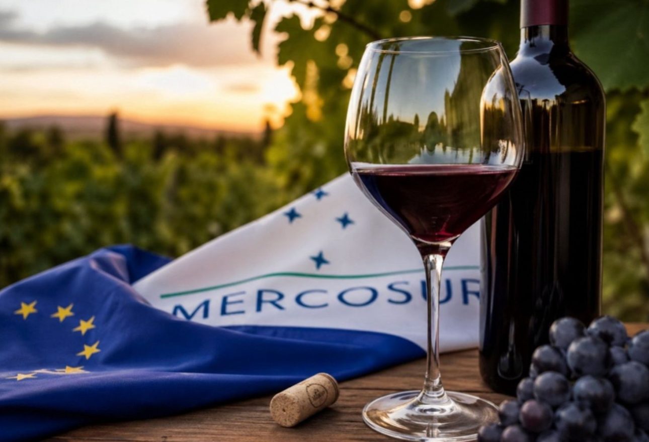 Copa de vino tinto y botella en un viñedo al atardecer, junto a las banderas de la Unión Europea y Mercosur, simbolizando el nuevo tratado comercial de 2026.