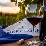 Copa de vino tinto y botella en un viñedo al atardecer, junto a las banderas de la Unión Europea y Mercosur, simbolizando el nuevo tratado comercial de 2026.