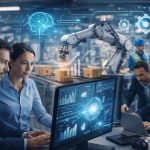 Profesionales examinando pantallas de analítica y gráficos de datos en una oficina técnica, con un brazo robótico industrial y un icono de cerebro digital en el fondo.