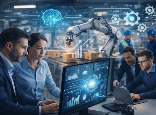 Profesionales examinando pantallas de analítica y gráficos de datos en una oficina técnica, con un brazo robótico industrial y un icono de cerebro digital en el fondo.